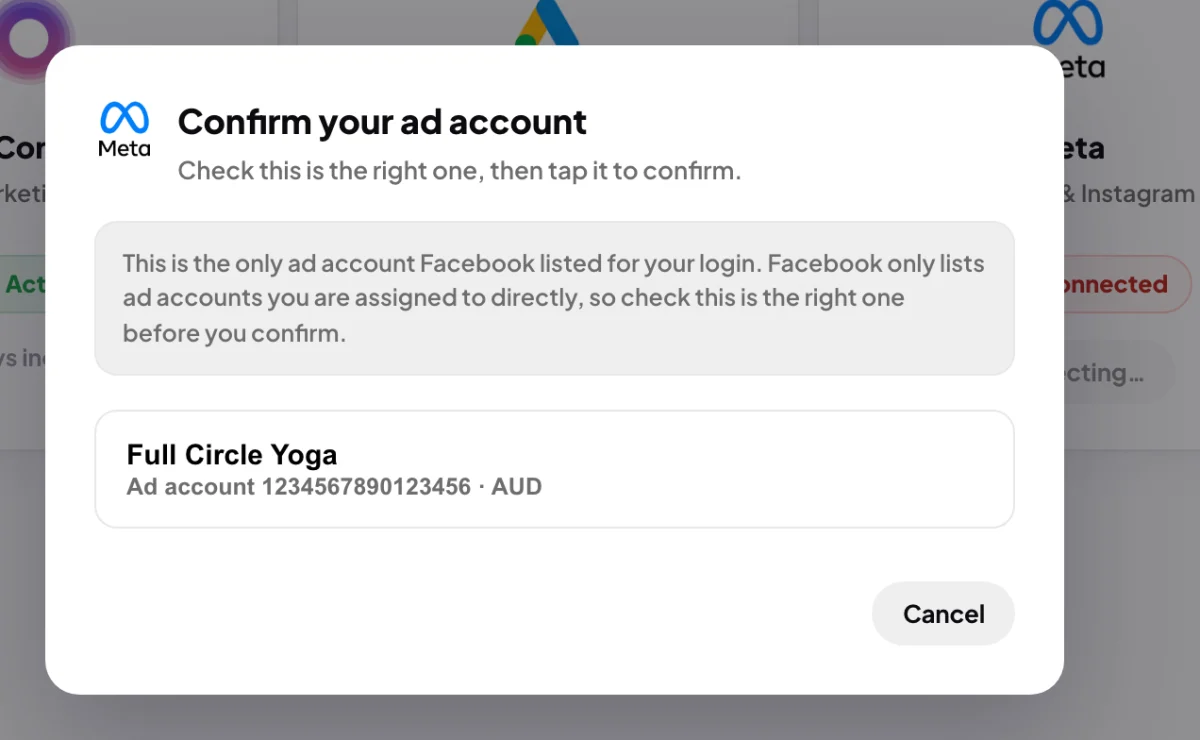 The Confirm your ad account window over the Connectors page, the note box above one Full Circle Yoga ad account; the note box and the ad account row are outlined.