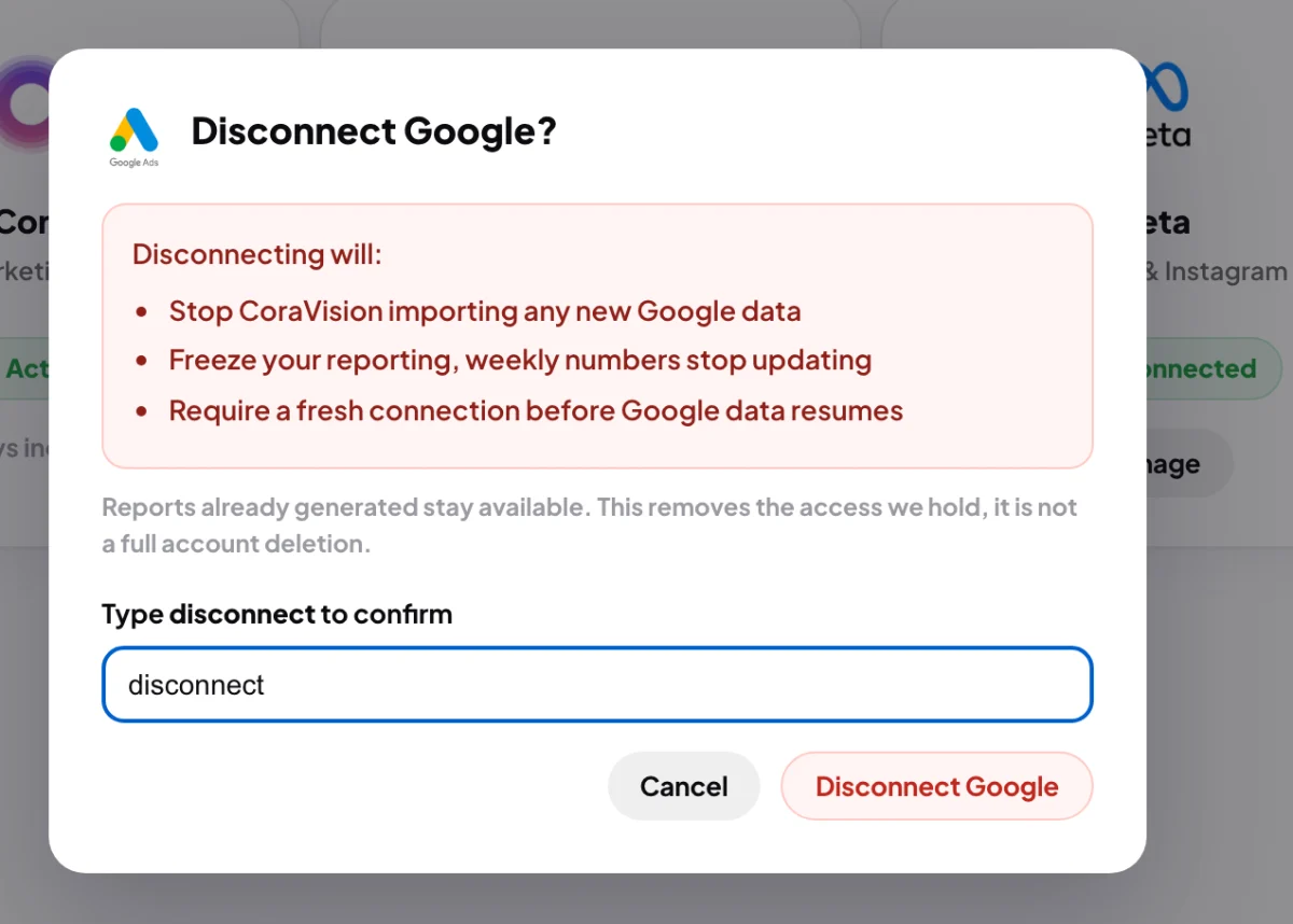 The Disconnect Google? window over Connectors, the list of what happens and the note, disconnect typed in the box and the red Disconnect Google button active; the box and the button are outlined.