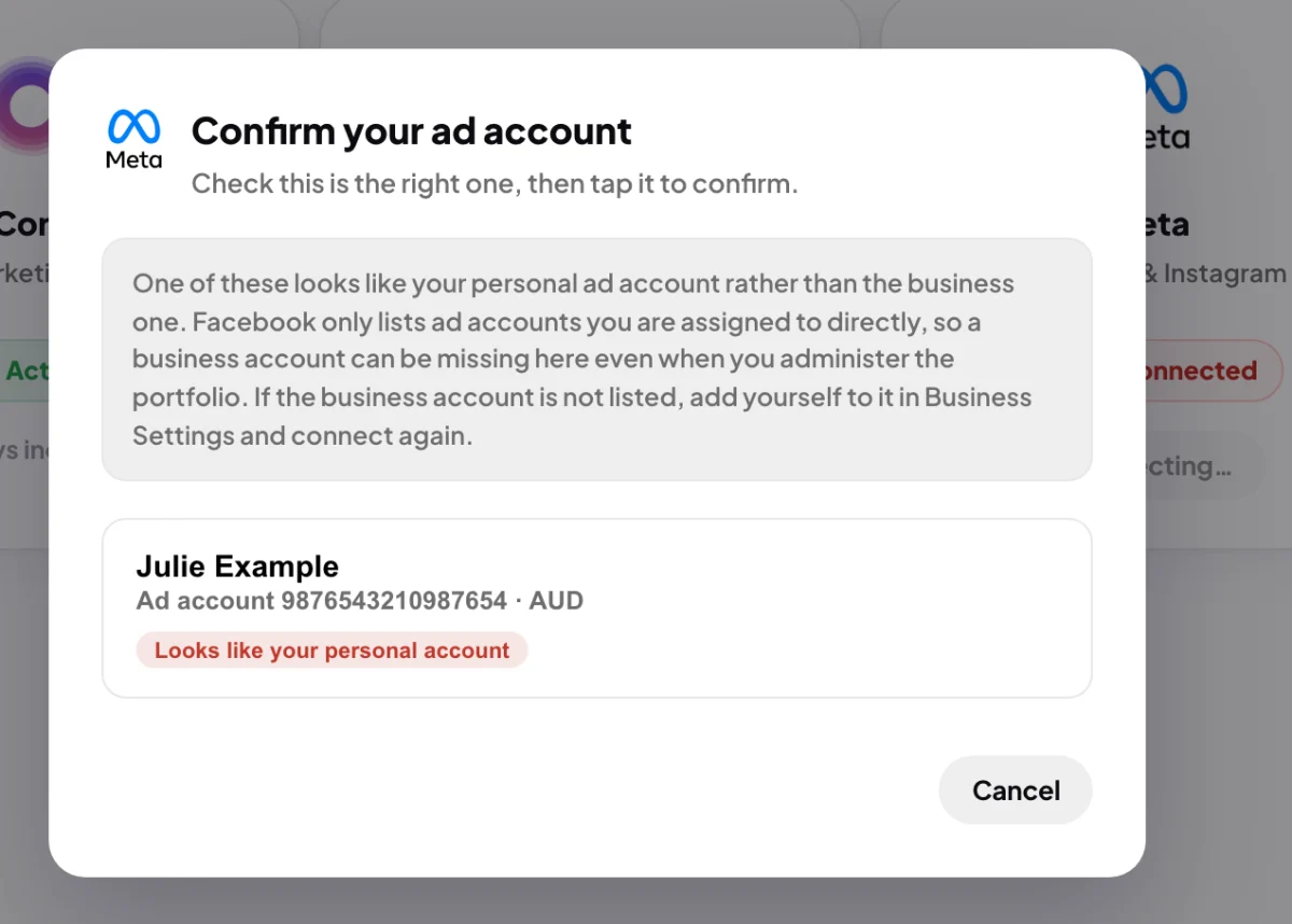 The Confirm your ad account window with one ad account named Julie Example tagged Looks like your personal account, below the note; an arrow points to the outlined red tag.