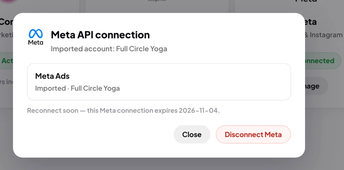 The Meta API connection window over Connectors for Full Circle Yoga, Meta Ads Imported, and the Reconnect soon line with a date under it; an arrow points to the outlined line.