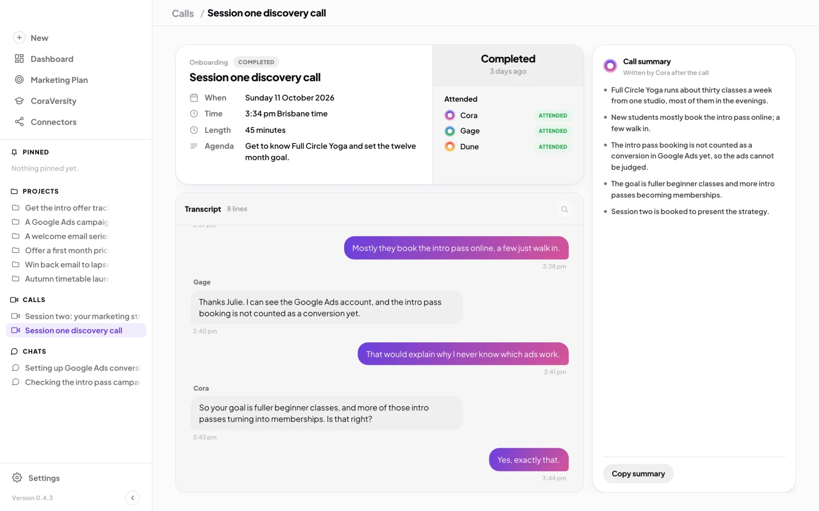 A completed call's page for Full Circle Yoga, the details on the left, the Transcript and the Call summary as points; the summary card and the transcript panel are outlined.
