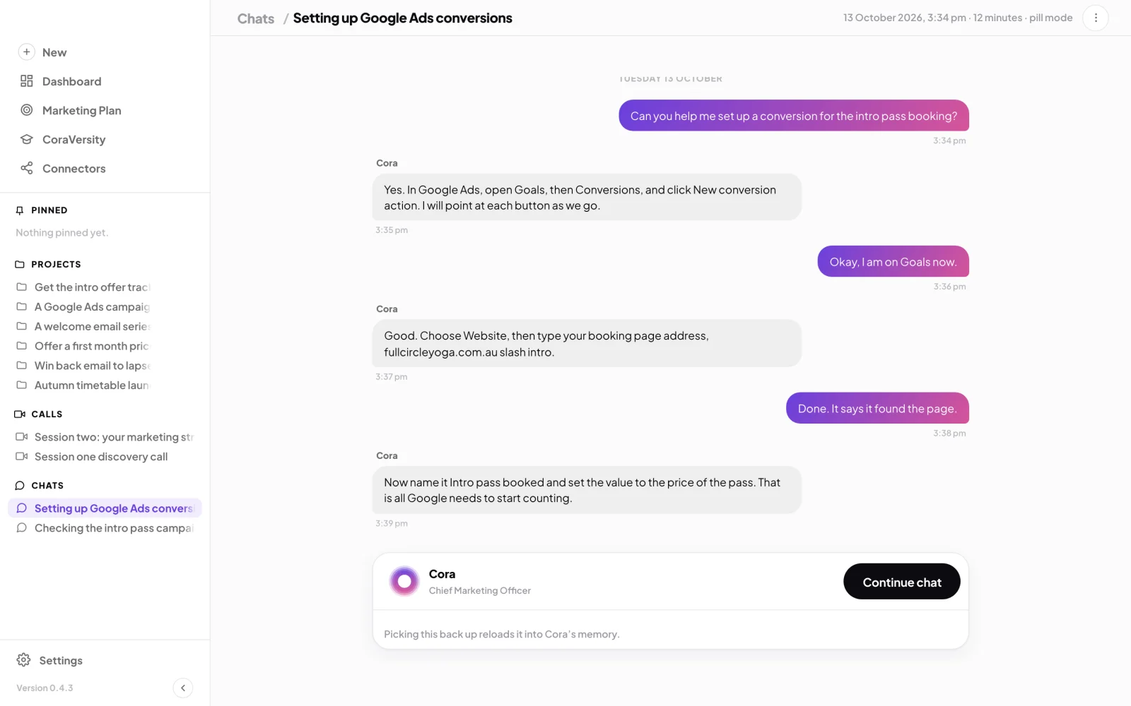 A chat with Cora for Full Circle Yoga, the transcript on the page and the Continue chat button at the bottom; an arrow points to the outlined Continue chat button.