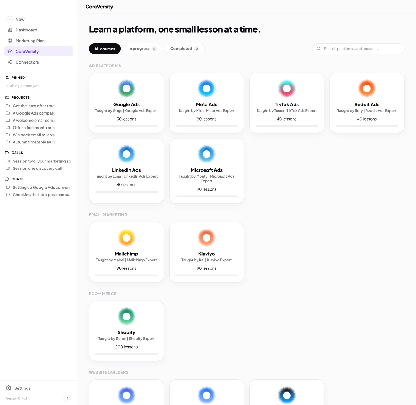 CoraVersity, All courses, the platform cards by category with Mailchimp visible and the search box on the right; the CoraVersity item in the sidebar and the Mailchimp card are outlined.