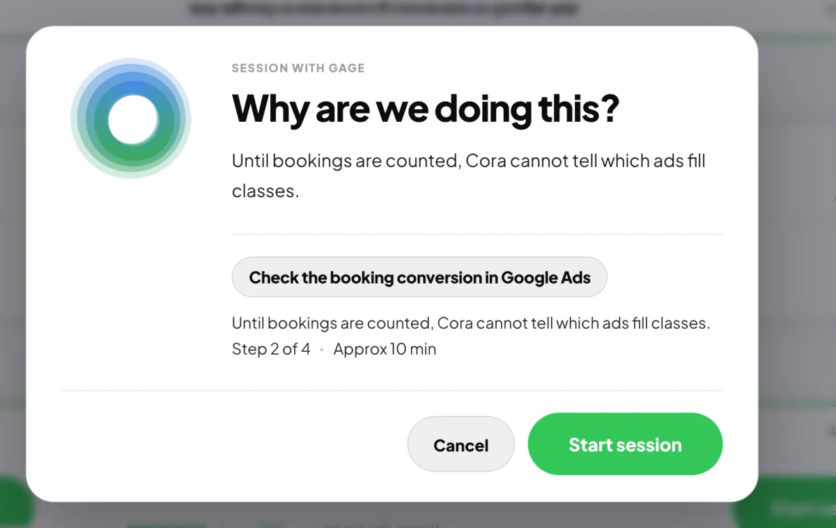 The brief window over the plan, Session with Gage, Why are we doing this?, the step name, Step 2 of 4, with Cancel and Start session; the Start session button is outlined.