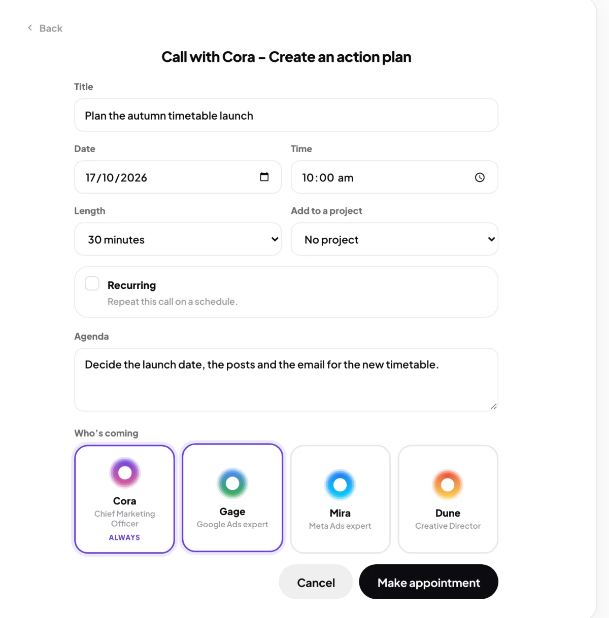 The booking form filled in for Full Circle Yoga: a title, a date and time, 30 minutes, an agenda, and Cora and Gage chosen under Who's coming; the Make appointment button is outlined.