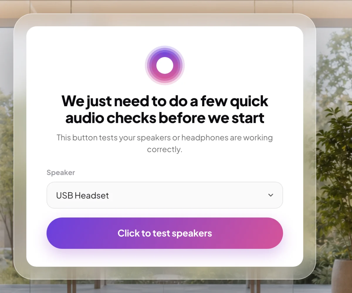 The speaker check card with Cora's orb at the top, the Speaker list showing USB Headset, and the Click to test speakers button; the Speaker list is outlined.
