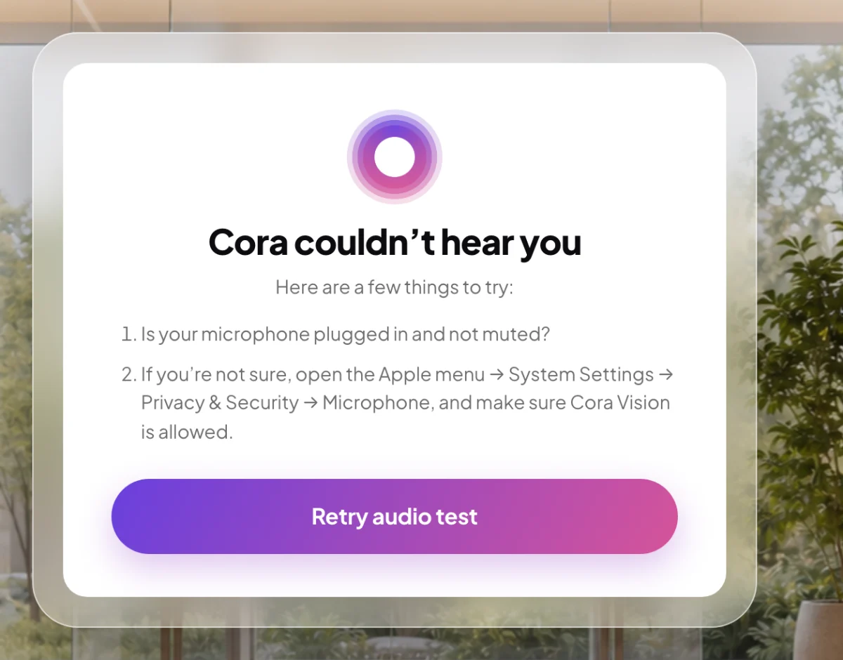 The Cora couldn't hear you card with two things to try and the Retry audio test button; the Retry audio test button is outlined.