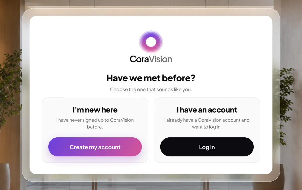 The Have we met before? card with two choices, I'm new here and I have an account; the I'm new here choice is outlined and an arrow points to its Create my account button.