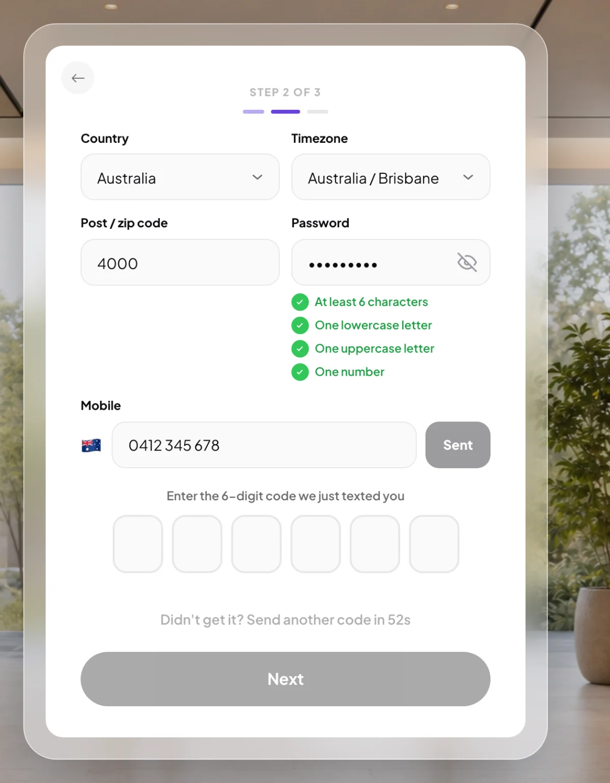 Step 2 of 3 of creating an account, with Australia and the Brisbane timezone chosen, a postcode and password typed, all four password rules ticked and the mobile code boxes open; the Mobile number and its Verify button are outlined.