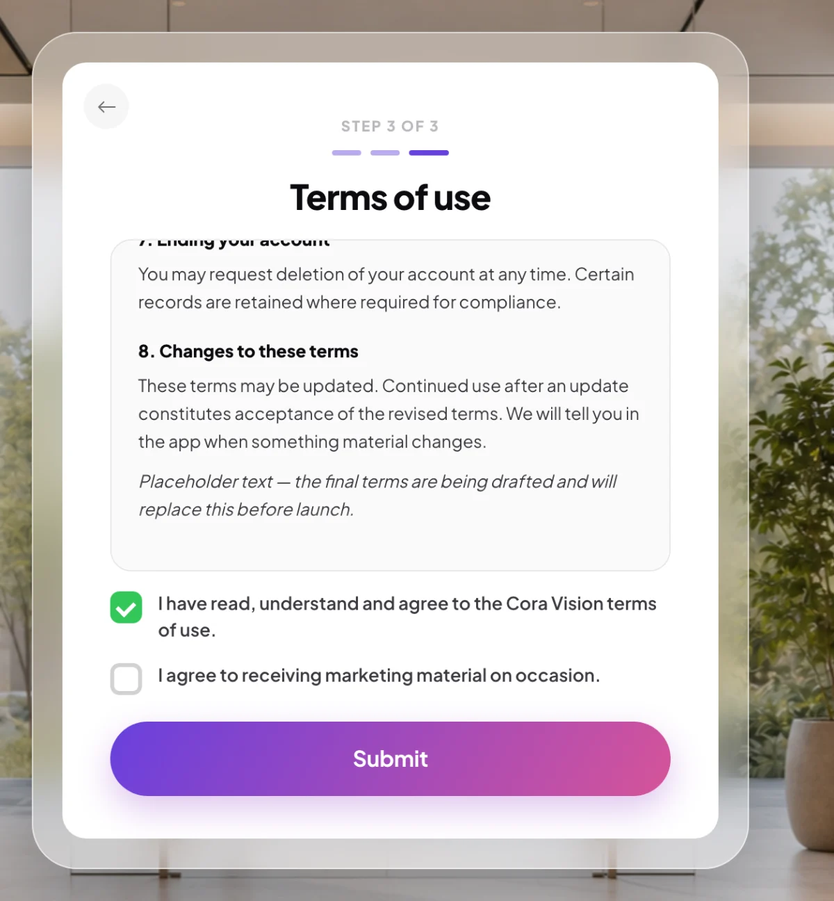 Step 3 of 3, Terms of use, scrolled to the end, with the agree box ticked, the marketing box empty and Submit lit; the agree tick box and its line are outlined.