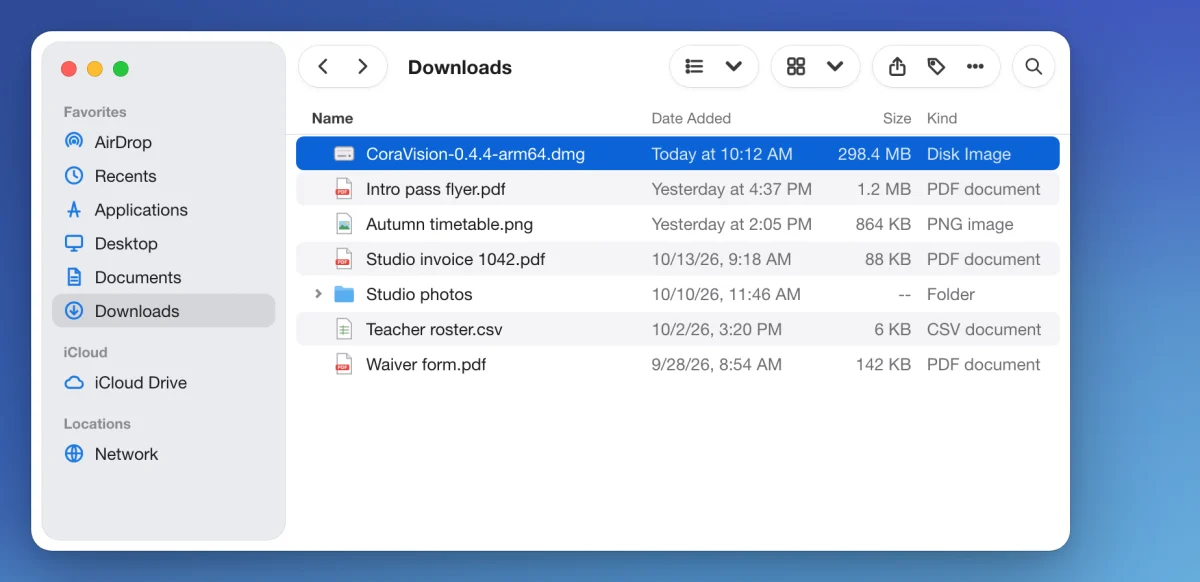 A drawn picture of a Finder window on a Mac showing the Downloads folder in list view, with CoraVision-0.4.4-arm64.dmg selected at the top of the list; an arrow points to the outlined installer.