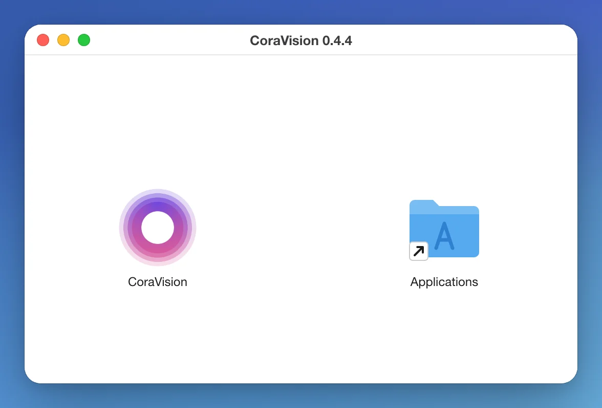 A drawn picture of the CoraVision 0.4.4 disk image window on a Mac, with the CoraVision app icon on the left and the Applications folder on the right; an arrow runs from the CoraVision icon to the outlined Applications folder.
