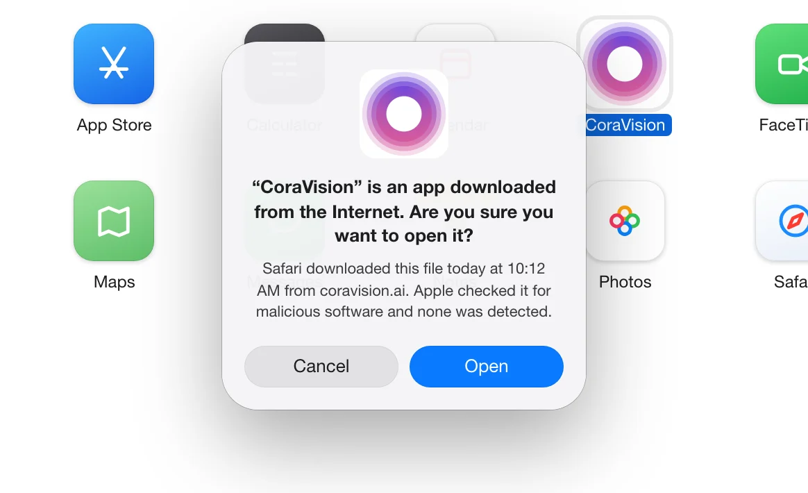 A drawn picture of the macOS message asking whether you are sure you want to open CoraVision, an app downloaded from the Internet, in front of the Applications folder, with Cancel and Open; the Open button is outlined.