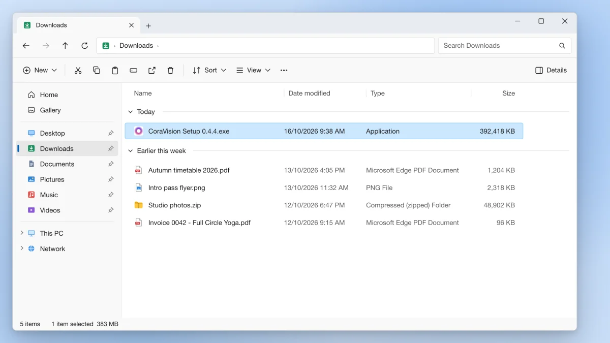 A drawn picture of File Explorer on Windows 11 open at Downloads, with the CoraVision Setup 0.4.4.exe installer selected under Today, its type Application; an arrow points to the outlined installer row.