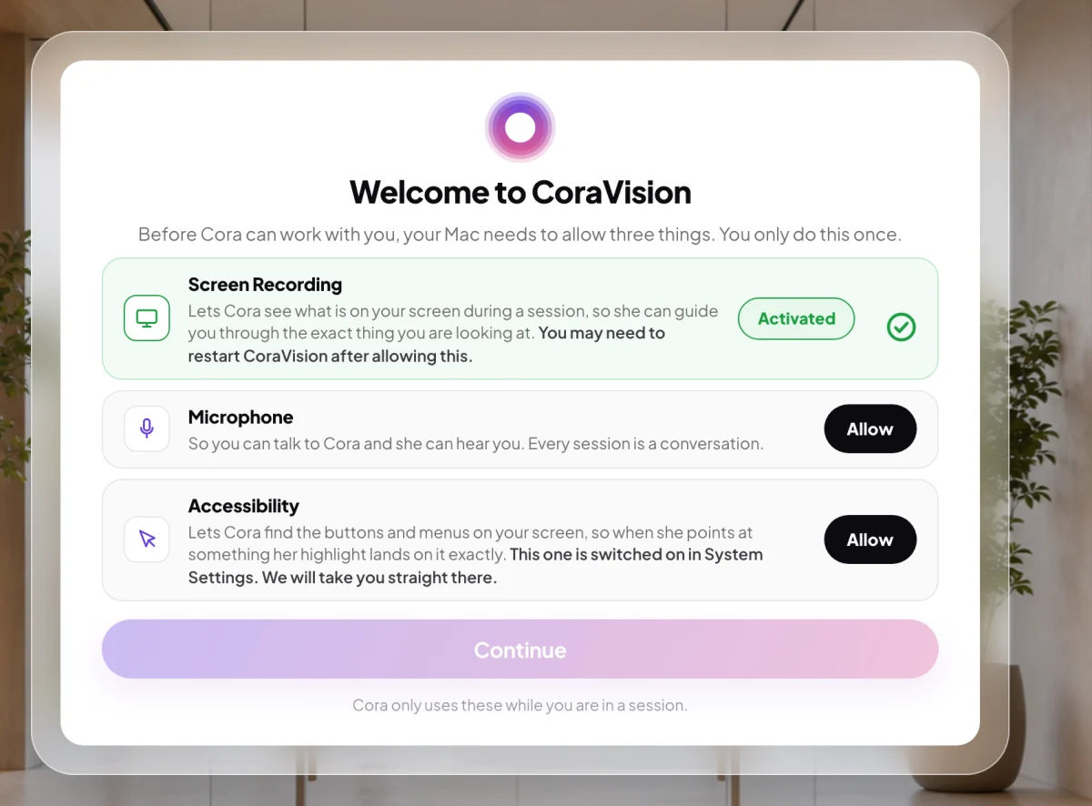 The Welcome to CoraVision card with Screen Recording already Activated and Microphone and Accessibility showing Allow; the Microphone row is outlined and an arrow points to its Allow button.