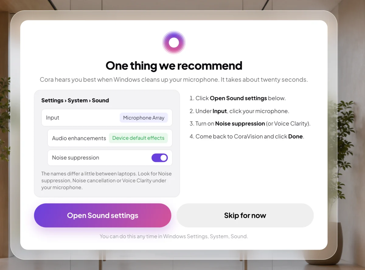 The One thing we recommend screen on Windows, with a picture of the Sound settings, four steps, and the Open Sound settings and Skip for now buttons; Open Sound settings is outlined.