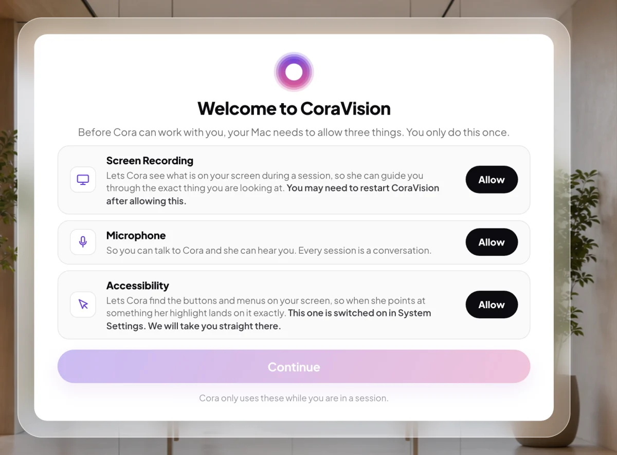 The Welcome to CoraVision card on a Mac with three rows, Screen Recording, Microphone and Accessibility, each with an Allow button; the Screen Recording row is outlined and an arrow points to its Allow button.