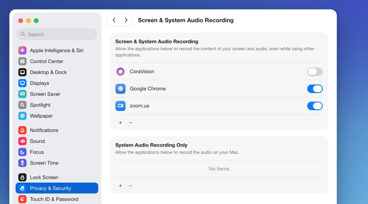 A drawn picture of System Settings on a Mac at Privacy & Security, Screen & System Audio Recording, with CoraVision in the list and its switch off; the CoraVision switch is outlined.