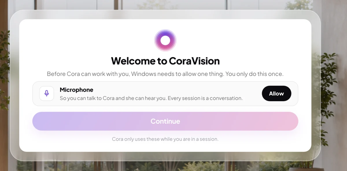 The Welcome to CoraVision card on Windows with a single Microphone row and its Allow button, under the line saying Windows needs to allow one thing; the Microphone row is outlined.