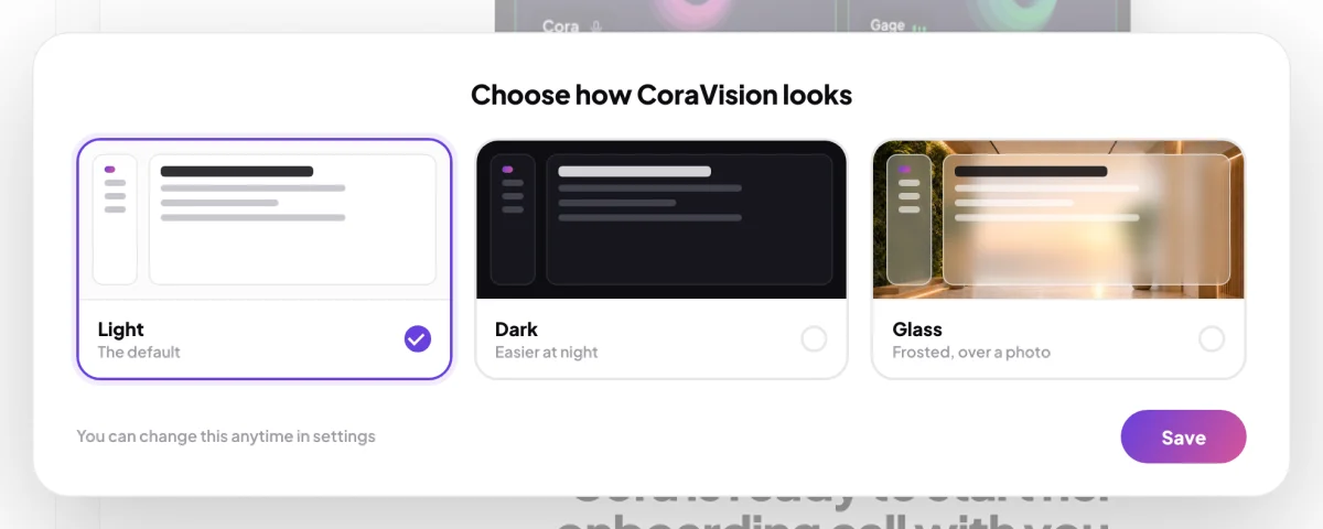 The Choose how CoraVision looks window over a new dashboard, with Light, Dark and Glass and Light ticked; the Save button is outlined.