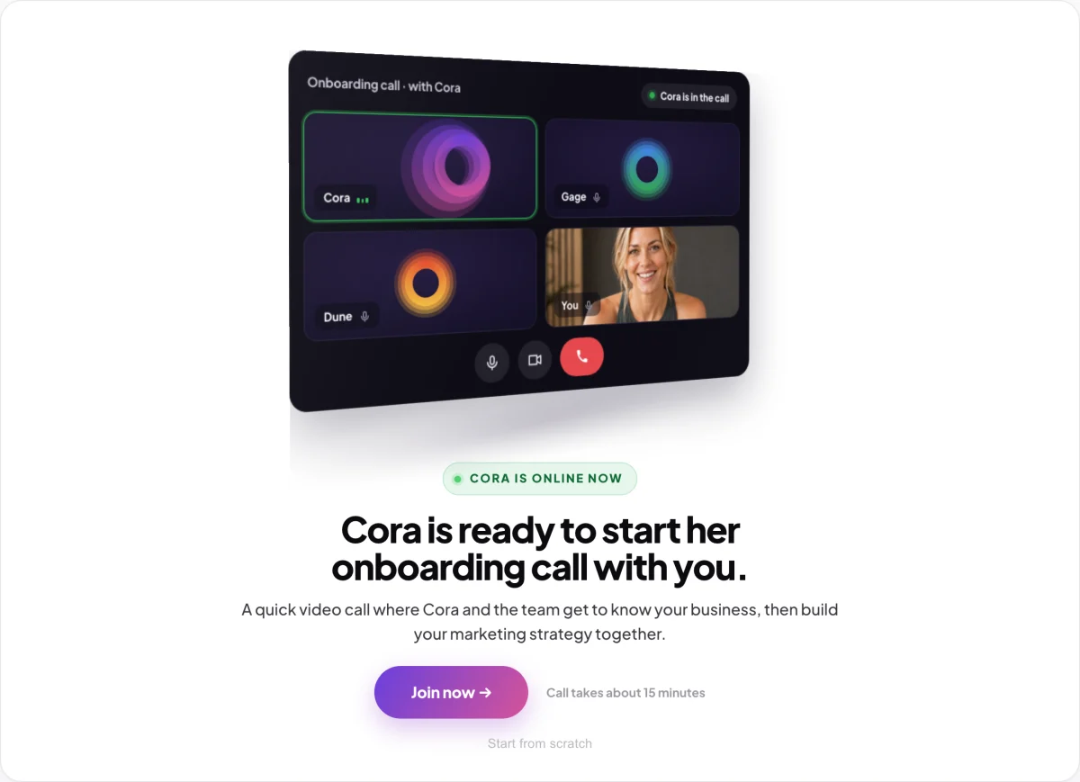 The onboarding call card on a new dashboard after the tour, Cora is ready to start her onboarding call with you; an arrow points to the outlined Join now button.