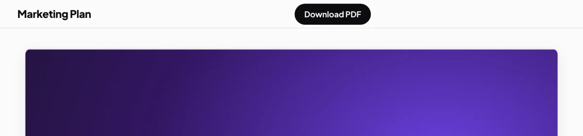 Marketing Plan, My Strategy, the header with the Marketing Plan title and the black Download PDF button beside it; an arrow points to the outlined Download PDF button.