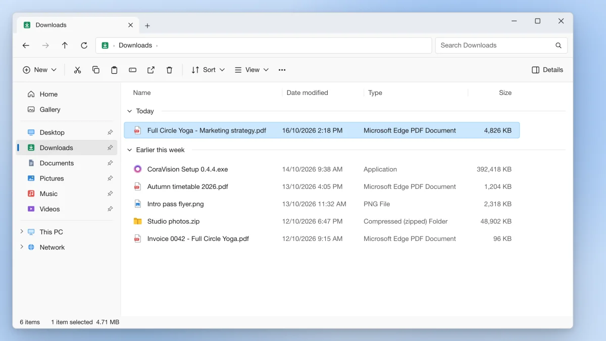 A drawn picture of File Explorer on Windows 11 open at Downloads, with Full Circle Yoga - Marketing strategy.pdf selected at the top of the list under Today; the selected PDF is outlined.