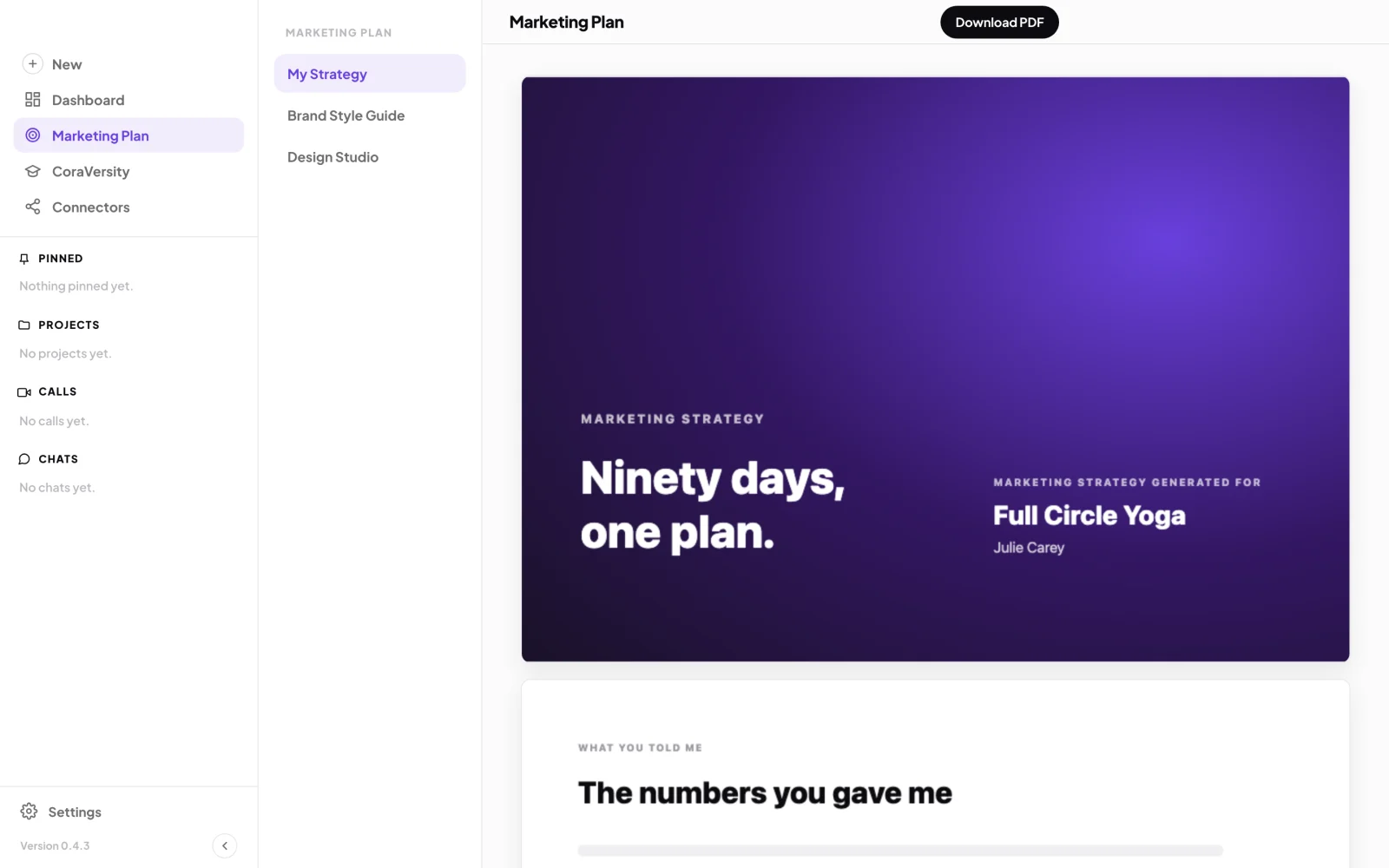 The dashboard on Marketing Plan, My Strategy selected, the strategy document's cover for Full Circle Yoga and its first page; an arrow points to the outlined My Strategy item.