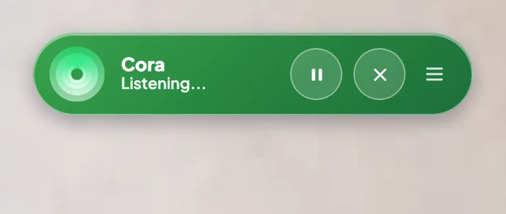 The green pill over the desk, status Listening...; an arrow points to the outlined Pause Cora button.