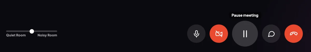 The control bar at the bottom of the call window, Pause meeting in the middle with its label showing; an arrow points to the outlined Pause meeting button.