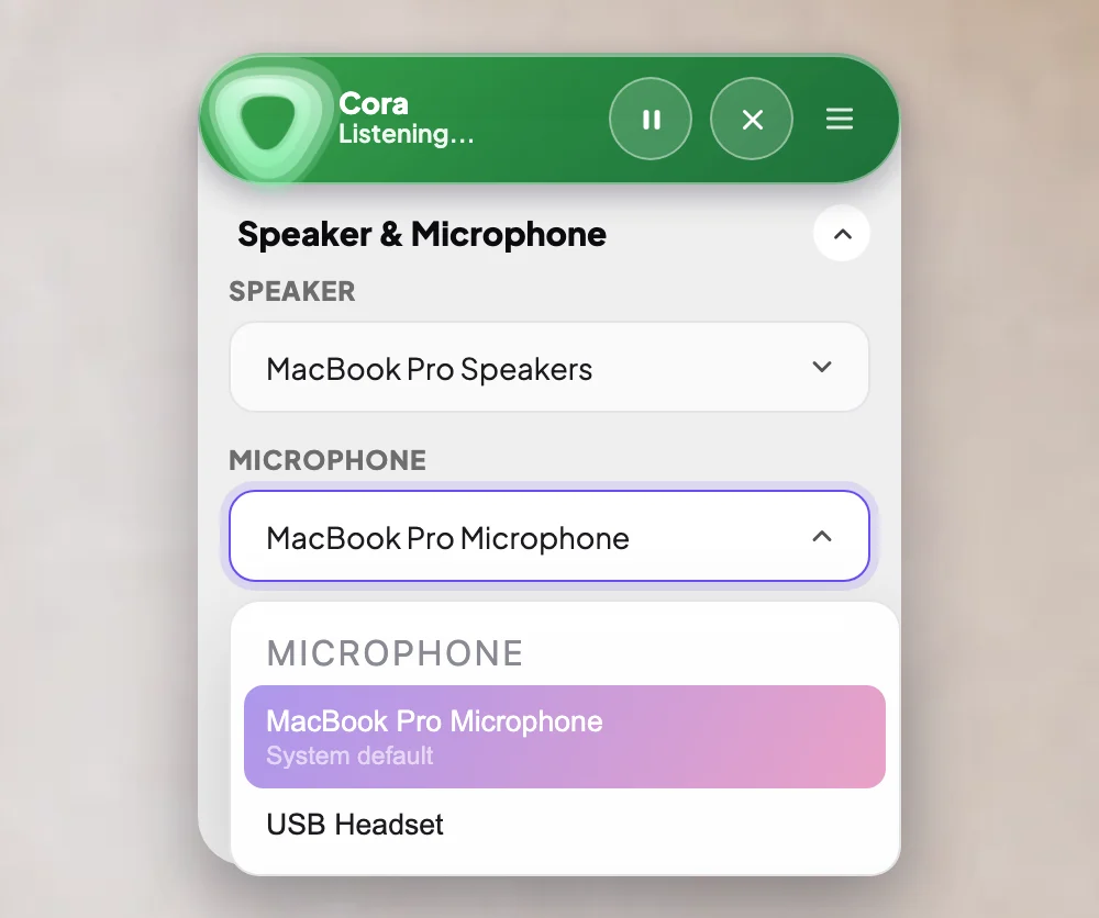 The pill's Speaker & Microphone panel: the Speaker dropdown, and the Microphone dropdown open with System default, MacBook Pro Microphone and USB Headset; the two dropdowns are outlined.