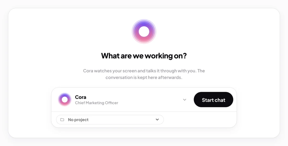 The New chat screen, What are we working on?, with Cora chosen in the expert picker, the No project list and the Start chat button, each outlined and numbered.