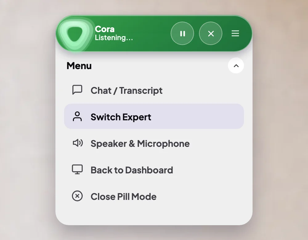 The green pill with its menu open below it, the pointer on Switch Expert, the second item; an arrow points to the outlined Switch Expert.