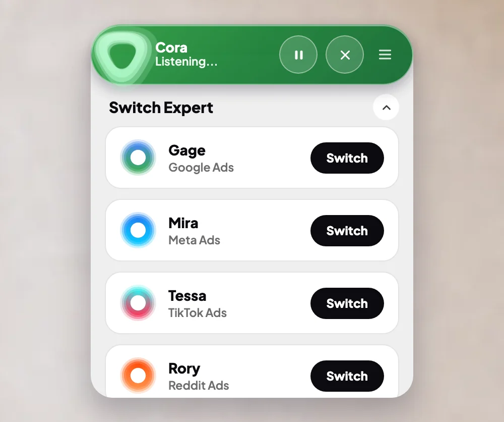 The pill's Switch Expert panel listing the platform experts, Gage for Google Ads first, each with their own orb and a Switch button on the right; the Switch button beside Gage is outlined.
