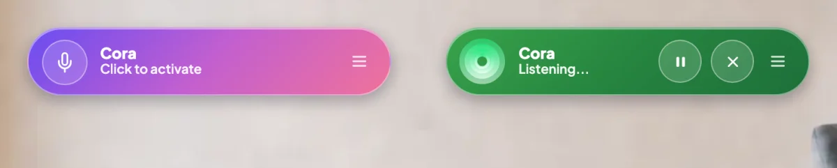 Two pills side by side on the same desk: on the left the purple pill reading Click to activate, on the right the green pill reading Listening...; both pills are outlined.