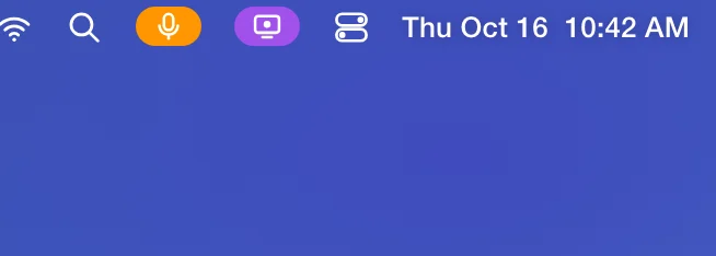 A drawn picture of the right end of the Mac menu bar during a green pill session, with the orange microphone indicator and the purple screen recording indicator beside Control Center and the clock; an arrow points to the outlined screen recording indicator.
