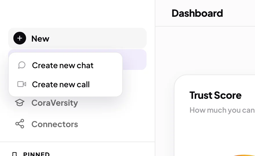 The top of the dashboard sidebar with the New menu open, listing Create new chat and Create new call; the menu is outlined and an arrow points to Create new chat.