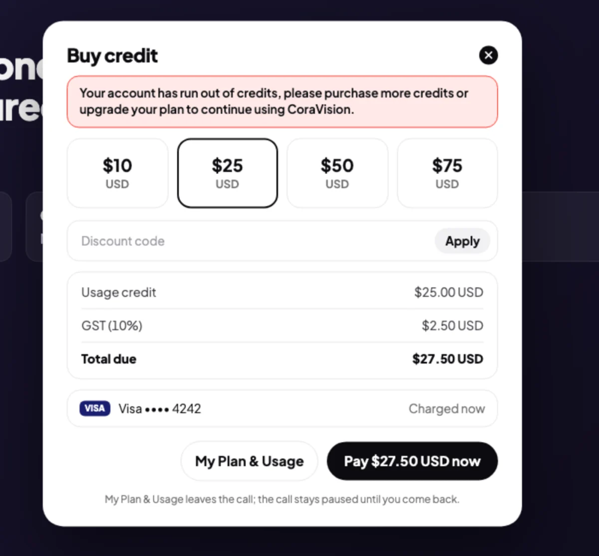 A paused call with the Buy credit window over the room: the red message, the amount tiles, the total, a saved test card, My Plan & Usage and the Pay now button; the Pay now and My Plan & Usage buttons are outlined.