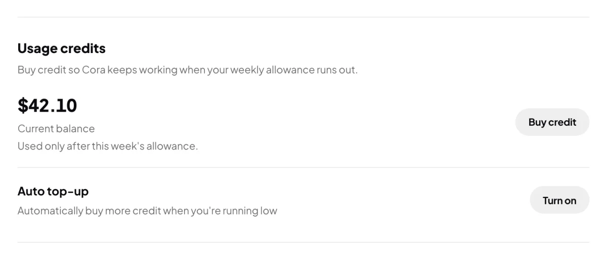 Usage credits in Billing with the balance and Buy credit, and under it the Auto top-up row, Automatically buy more credit when you are running low, with its Turn on button; the Auto top-up row is outlined.