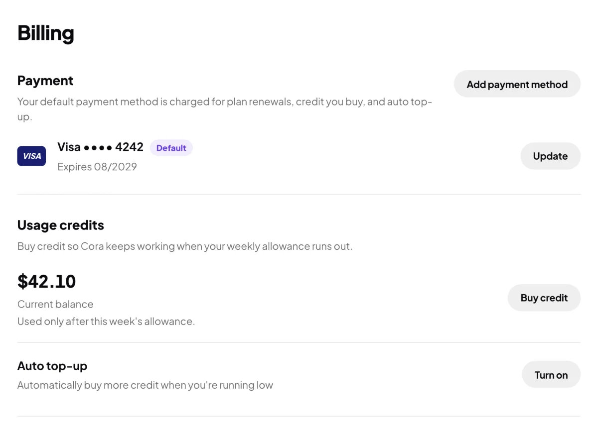 Settings, Billing for Full Circle Yoga on Pro: the saved Visa ending 4242, Usage credits with a current balance of $42.10 and the Buy credit button, and Auto top-up with Turn on; the balance is outlined and an arrow points to Buy credit.