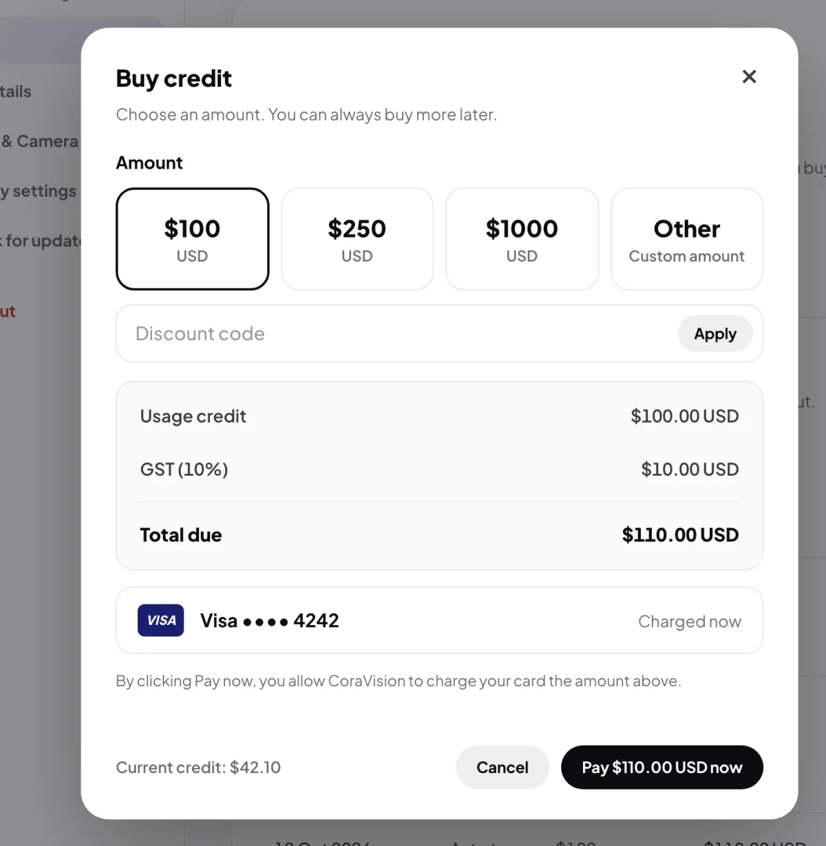The Buy credit window over Billing: the $100 tile chosen beside $250, $1000 and Other, the Discount code field, the summary of usage credit, GST and Total due of $110.00 USD, the saved Visa ending 4242 and the Pay button; the tiles and the summary are outlined.