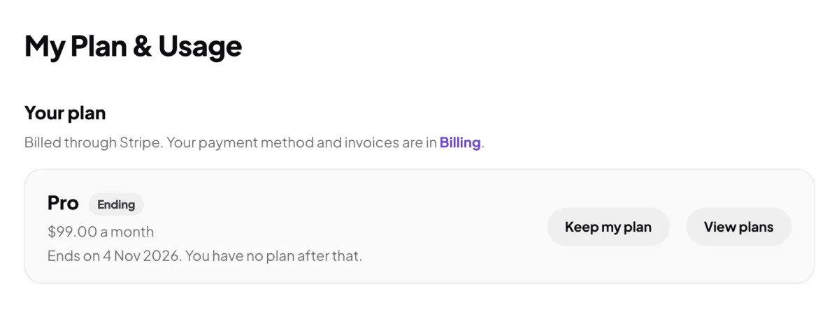 My Plan & Usage for Full Circle Yoga: Pro tagged Ending, the line Ends on with the date and You have no plan after that, and the Keep my plan button; the plan with its end line, and Keep my plan, are outlined.