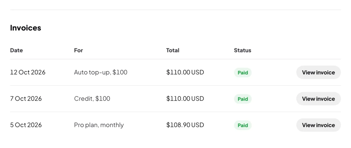 The Invoices section of Billing for Full Circle Yoga: three paid rows, an auto top-up, a credit purchase and the Pro plan, each with its date, total in USD, a green Paid tag and View invoice; the table is outlined and an arrow points to a View invoice button.