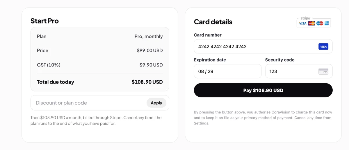 A drawn picture of the checkout page titled Start Pro: Plan, Pro, monthly, the price, GST (10%) and Total due today of $108.90 USD on the left with the Discount or plan code field, and on the right Card details with Stripe's card form, drawn, holding the test card 4242 4242 4242 4242, and the Pay $108.90 USD button; Total due today and the card form are outlined.