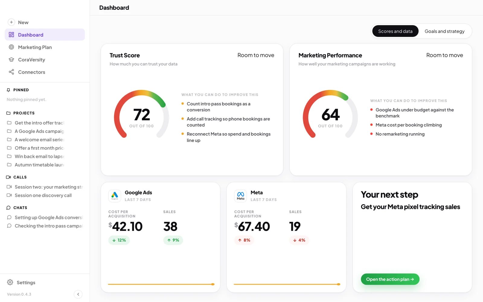 The dashboard with the sidebar on the left; an arrow points to the outlined Settings item at the bottom of the sidebar.