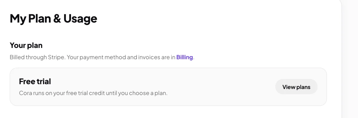 Settings, My Plan & Usage for Full Circle Yoga on the free trial: the Your plan card reads Free trial, Cora runs on your free trial credit until you choose a plan; an arrow points to the outlined View plans button.
