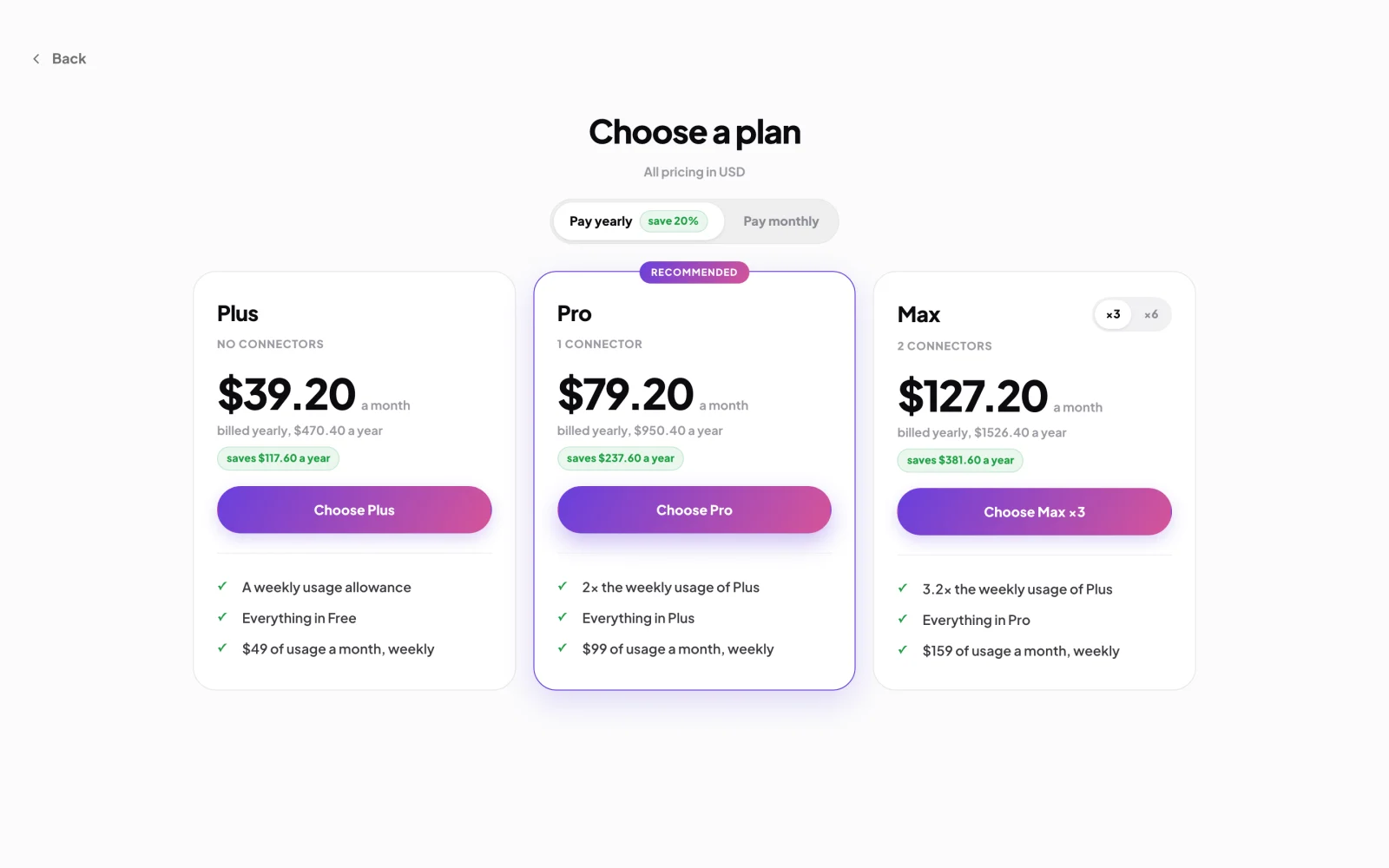 The plans page, Choose a plan, all pricing in USD, Pay yearly selected with save 20%, and three cards: Plus, Pro marked Recommended, and Max with its ×3 and ×6 switch; the yearly and monthly switch and the Max switch are outlined.