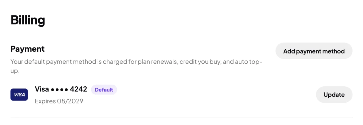 The Payment section of Billing with the saved Visa ending 4242 tagged Default, Expires 08/2029, its Update button and Add payment method at the top right; the card is outlined and an arrow points to Update.