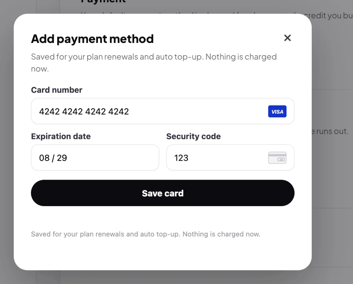 A drawn picture of the Add payment method window over Billing, the line Saved for your plan renewals and auto top-up. Nothing is charged now., Stripe's card form, drawn, with the test card 4242 4242 4242 4242, and the Save card button; the card form and Save card are outlined.