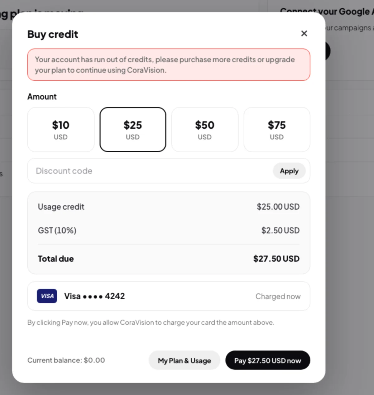 The Buy credit window over the dashboard at 100 percent, with the red message saying the account has run out of credits, the amount tiles, a saved test Visa card and the Pay button; the red message is outlined.